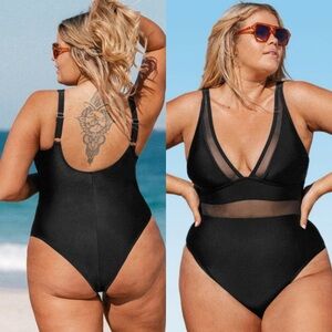 NWT Women's Plus Size V Neck‎ Mesh Sheer One Piece Swimsuit SIZE 0X